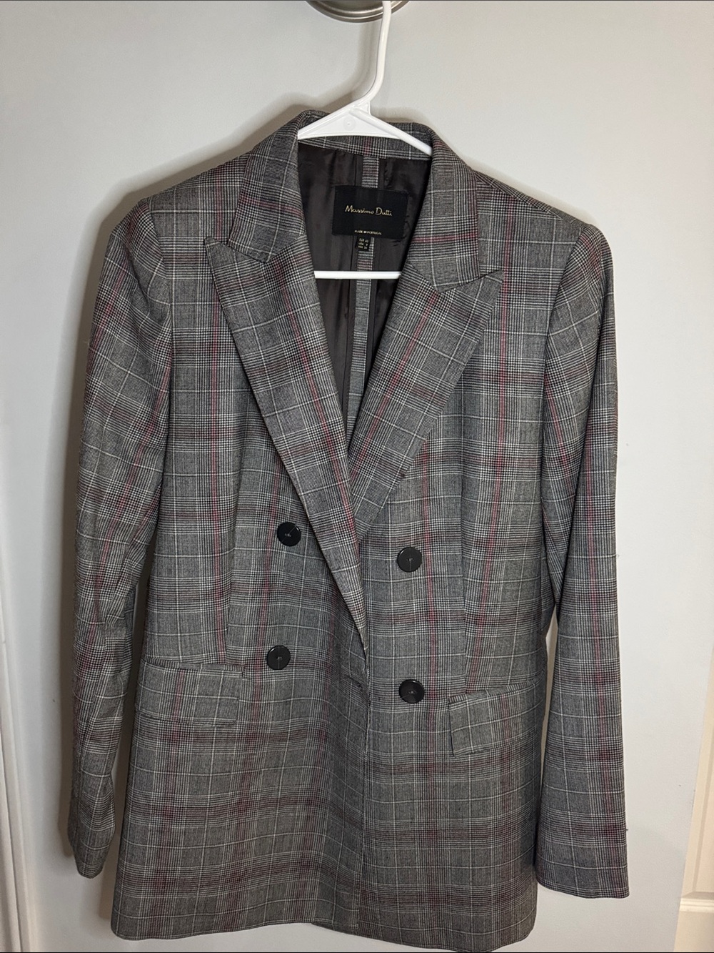 Massimo Dutti Gray Glen Plaid Double-Breasted Blazer with Red Overcheck